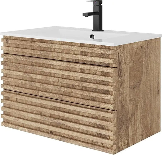 24" 30" 36" Mid-Century Wall Mounted Big Drawer Cabinet Wood Stripes Style Floating Bathroom Vanity with Ceramic Sink